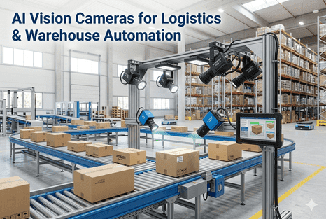 AI vision cameras in logistics and warehouse automation scanning parcel conveyor lines