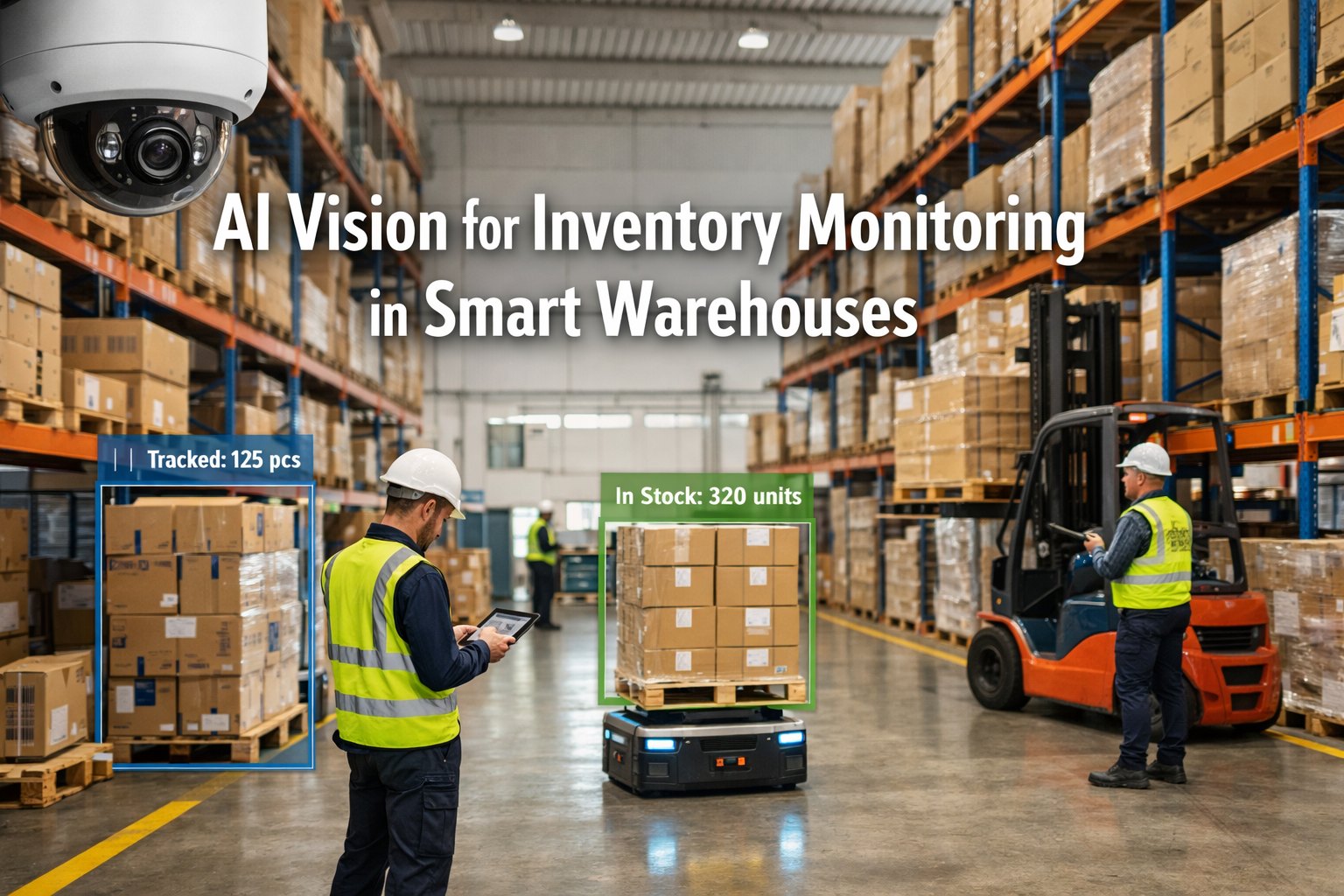 Computer vision cameras monitoring warehouse high-bay inventory racks and pallet slots
