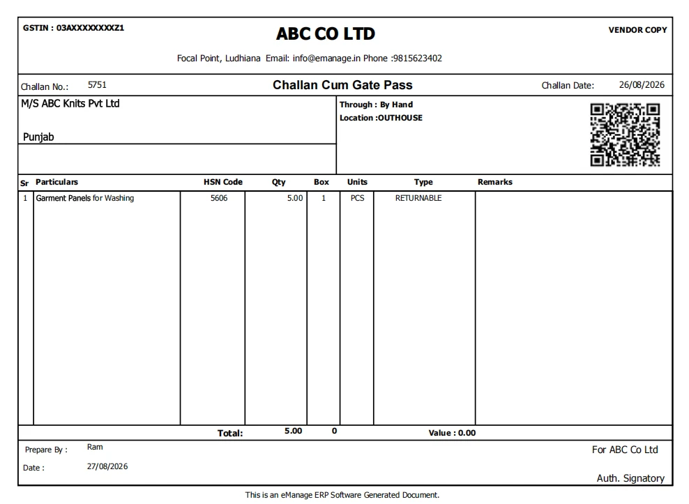 Real eGate Challan Cum Gate Pass Document Layout with QR Code