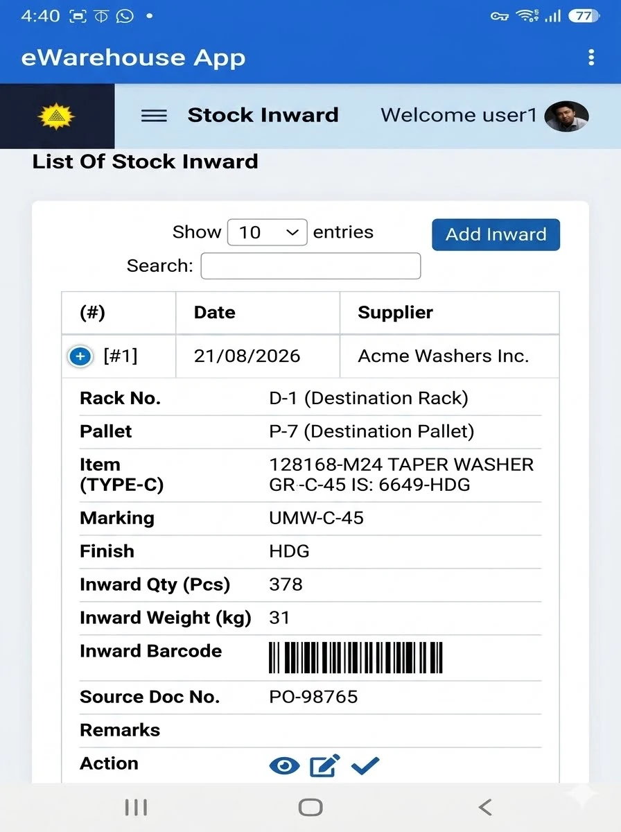 eWarehouse Mobile App - List Of Stock Inward Screen
